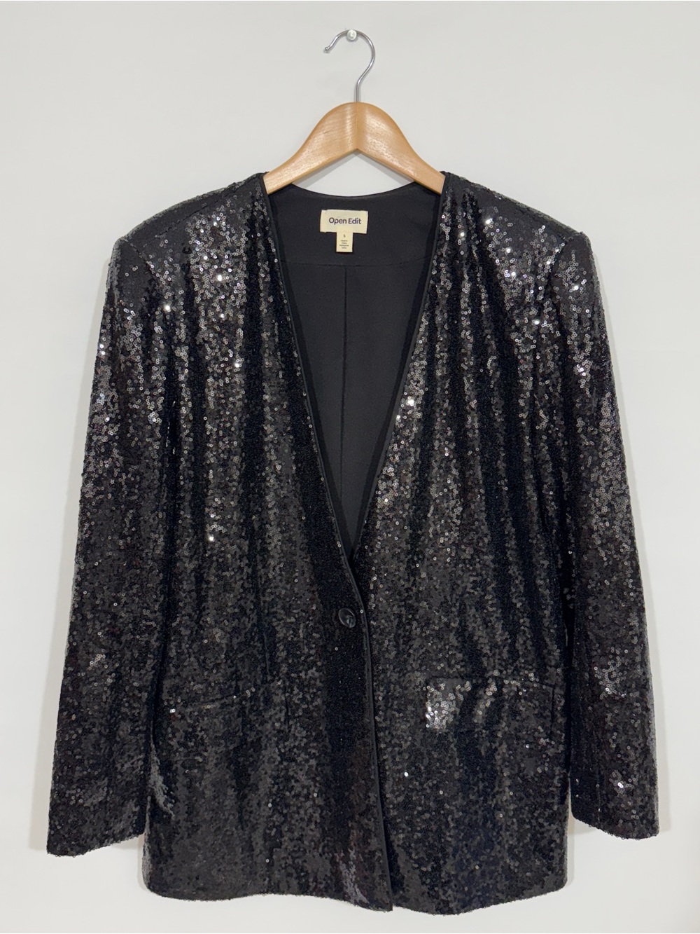 WJT58 {Open Edit} Black Sequin Button Front Blazer Suit Coat